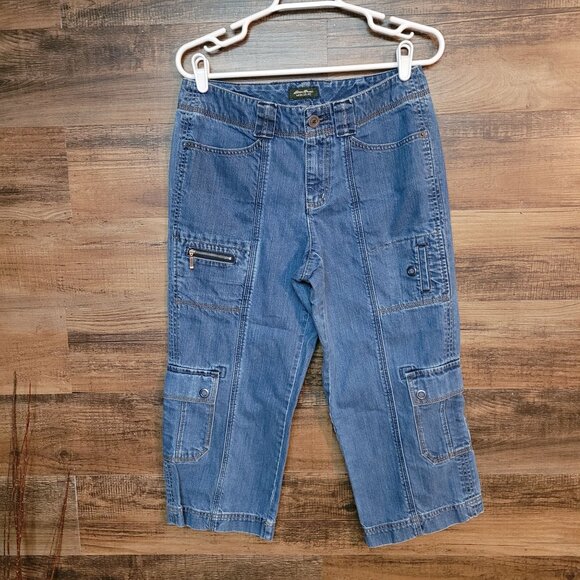 Eddie Bauer Cargo Capri Jeans 4 Mercer Fit Mid Rise Flap Pockets Cotton - Picture 1 of 9